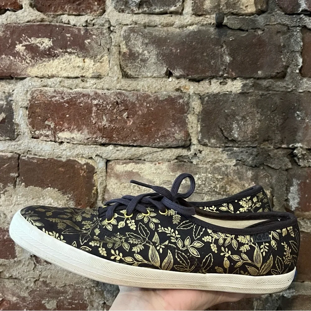 Keds X Rifle Paper Co. Black with Metallic Gold Floral Print shoes - Picture 5 of 7